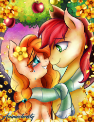 Size: 1024x1326 | Tagged: safe, artist:animechristy, bright mac, pear butter, earth pony, pony, g4, apple tree, buttercup, canon couple, clothes, couple, crying, married, married couple, pear tree, romance, romantic, scarf, shared clothing, shared scarf, tears of joy, tree