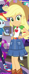 Size: 415x1045 | Tagged: safe, screencap, applejack, rainbow dash, equestria girls, equestria girls series, fomo, g4, spoiler:eqg series (season 2), applejack's hat, belt, boots, clothes, converse, cowboy boots, cowboy hat, denim skirt, female, freckles, geode of super strength, hat, looking at you, magical geodes, offscreen character, shoes, skirt, smiling, sneakers, stetson