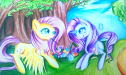 Size: 797x477 | Tagged: safe, artist:n0m1, fluttershy, rarity, pony, g4, easter, easter egg, holiday, painting