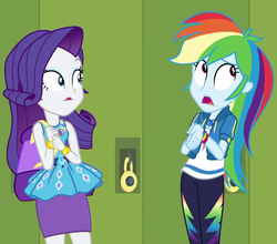 Size: 1099x967 | Tagged: safe, screencap, rainbow dash, rarity, equestria girls, fomo, g4, my little pony equestria girls: better together, canterlot high, cropped, female, geode of shielding, geode of super speed, lockers, magical geodes