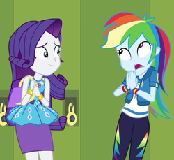Size: 1061x973 | Tagged: safe, screencap, rainbow dash, rarity, equestria girls, fomo, g4, my little pony equestria girls: better together, bracelet, canterlot high, cropped, female, geode of shielding, geode of super speed, hallway, jewelry, lockers, magical geodes, purse