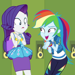 Size: 922x922 | Tagged: safe, screencap, rainbow dash, rarity, equestria girls, fomo, g4, my little pony equestria girls: better together, cropped, female, geode of shielding, geode of super speed, magical geodes
