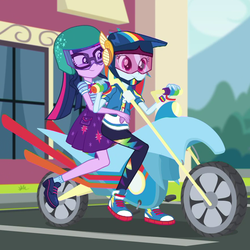 Size: 878x878 | Tagged: safe, screencap, rainbow dash, sci-twi, twilight sparkle, equestria girls, fomo, g4, my little pony equestria girls: better together, converse, cropped, cute, female, geode of super speed, geode of telekinesis, helmet, magical geodes, motorcycle, parking lot, rainbow dash's motorcycle, shoes, sneakers, twiabetes