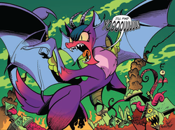 Size: 992x740 | Tagged: safe, artist:andypriceart, idw, official comic, cosmos, draconequus, g4, spoiler:comic, spoiler:comic76, angry, chaos, fatal attraction, female, green sky, hips, nightmare fuel, sexy, solo, speech bubble, spread wings, wings