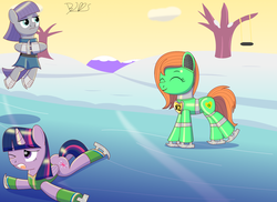 Size: 2100x1527 | Tagged: safe, artist:trackheadtherobopony, maud pie, twilight sparkle, oc, oc:goldheart, alicorn, pony, robot, robot pony, g4, ice, ice skating, signature, slipped, snow, twilight sparkle (alicorn)