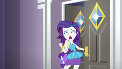 Size: 1920x1080 | Tagged: safe, screencap, rarity, equestria girls, fomo, g4, my little pony equestria girls: better together, clothes, door, dress, female, geode of shielding, legs, magical geodes, rarity peplum dress, skirt, sleeveless, sleeveless dress