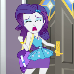 Size: 795x795 | Tagged: safe, screencap, rarity, equestria girls, equestria girls series, fomo, g4, spoiler:eqg series (season 2), bracelet, clothes, cropped, door, dress, female, geode of shielding, jewelry, legs, magical geodes, marshmelodrama, open mouth, pencil skirt, purse, rarity being rarity, rarity peplum dress, skirt, sleeveless, sleeveless dress