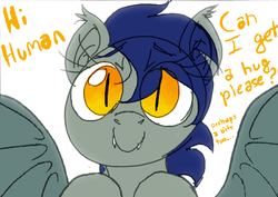 Size: 700x495 | Tagged: safe, artist:prismspark, oc, oc only, oc:echo, bat pony, pony, ..., bat pony oc, bronybait, bust, cute, dialogue, eye clipping through hair, eyebrows, eyebrows visible through hair, hug request, ocbetes, simple background, slit pupils, solo, speech, spread wings, talking to viewer, transparent mane, white background, wings