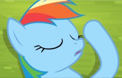 Size: 1461x940 | Tagged: safe, screencap, rainbow dash, pegasus, pony, g4, trade ya!, close-up, cropped, eyes closed, female, mare, open mouth, solo, unconscious