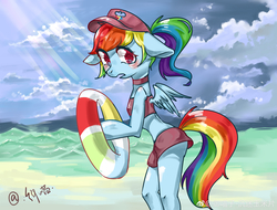 Size: 4600x3500 | Tagged: safe, artist:royal, rainbow dash, pegasus, anthro, g4, beach, cap, clothes, female, hat, looking at you, mare, solo, swimsuit