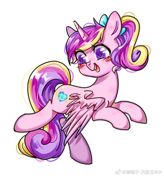Size: 1400x1500 | Tagged: safe, artist:royal, princess cadance, alicorn, pony, g4, blushing, bow, cute, cutedance, female, hair bow, looking back, mare, ponytail, simple background, smiling, solo, teen princess cadance, white background