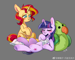 Size: 1500x1200 | Tagged: safe, artist:royal, sunset shimmer, twilight sparkle, parakeet, pony, unicorn, g4, blushing, female, it's not about the parakeet, mare, plushie, sleeping