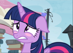 Size: 1310x942 | Tagged: safe, screencap, twilight sparkle, alicorn, pony, g4, trade ya!, blushing, book, cropped, embarrassed, female, floppy ears, mare, solo, teeth, twilight sparkle (alicorn)