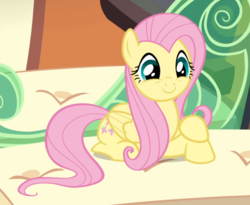 Size: 976x799 | Tagged: safe, screencap, fluttershy, pegasus, pony, g4, trade ya!, cropped, crossed arms, cute, female, lying down, mare, prone, shyabetes, smiling, solo