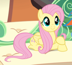 Size: 886x804 | Tagged: safe, screencap, fluttershy, pegasus, pony, g4, trade ya!, cropped, crossed hooves, cute, female, looking up, mare, prone, shyabetes, smiling, solo