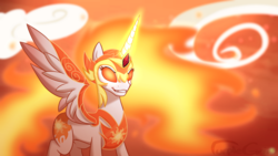 Size: 1920x1080 | Tagged: safe, artist:purplegrim40, daybreaker, alicorn, pony, g4, female, glowing eyes, helmet, mane of fire, mare, smiling, solo