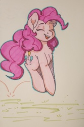 Size: 1757x2647 | Tagged: safe, artist:spoopygander, pinkie pie, earth pony, pony, g4, bouncing, chest fluff, cutie mark, eyes closed, female, happy, pronking, smiling, solo, traditional art