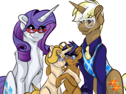Size: 2732x2048 | Tagged: safe, artist:percy-mcmurphy, rarity, trenderhoof, oc, oc:jolly, oc:tonnerre, pony, unicorn, g4, brothers, clothes, colt, family, female, filly, glasses, high res, huge, male, mare, offspring, parent:rarity, parent:trenderhoof, parents:trenderity, shipping, simple background, stallion, straight, sweater, trenderity, white background