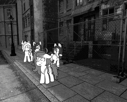 Size: 1280x1024 | Tagged: safe, artist:scraggleman, wallflower blush, oc, oc:floor bored, oc:home sick, oc:paradise skies, earth pony, pony, g4, fence, monochrome, story included, story:lost and found, street lamp