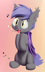 Size: 500x800 | Tagged: safe, artist:ventzz, oc, oc only, oc:midnight blossom, bat pony, pony, bat pony oc, color palette, cute, female, hooves to the chest, ocbetes, open mouth, sitting, solo, tongue out, torn ear