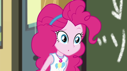 Size: 1280x720 | Tagged: safe, screencap, pinkie pie, equestria girls, g4, my little pony equestria girls: better together, schedule swap, chalkboard, classroom, confused, female, solo