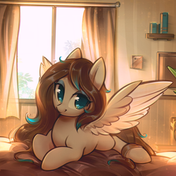 Size: 3402x3402 | Tagged: safe, artist:mirroredsea, oc, oc only, oc:amora bunny, pegasus, pony, bed, bedroom, commission, female, high res, looking at you, lying down, mare, prone, solo, spread wings, wings