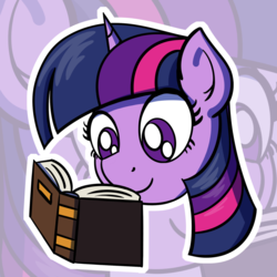 Size: 1280x1280 | Tagged: safe, artist:ashtoneer, twilight sparkle, pony, unicorn, g4, book, bookhorse, cute, female, head only, mare, reading, solo, sticker, twiabetes, zoom layer