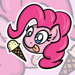 Size: 1000x1000 | Tagged: safe, artist:ashtoneer, pinkie pie, earth pony, pony, g4, cute, diapinkes, female, food, head only, ice cream, ice cream cone, licking, licking lips, mare, solo, sticker, tongue out, zoom layer