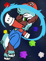 Size: 1536x2048 | Tagged: safe, artist:showtimeandcoal, oc, oc only, oc:loco, earth pony, pony, cap, clothes, commission, ear piercing, earring, galaxy, galaxy background, gloves, hat, jewelry, male, mario, mario hat, mario's hat, overalls, piercing, ponysona, solo, space, spin, stallion, super mario bros., super mario galaxy, video game, ych result