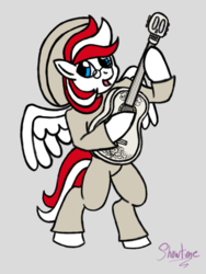 Size: 1536x2048 | Tagged: safe, artist:showtimeandcoal, oc, oc only, oc:peppermint, pegasus, semi-anthro, arm hooves, bipedal, clothes, commission, digital art, female, guitar, hat, mare, mariachi, music, ponysona, simple background, sketch, solo