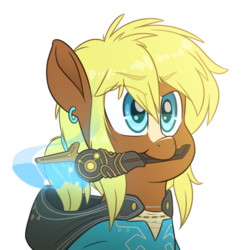 Size: 4000x4000 | Tagged: safe, artist:fluffyxai, quarter hearts, pony, g4, clothes, cute, holding, jewelry, link, male, mouth hold, ponytail, quarterbetes, solo, stallion, the legend of zelda, the legend of zelda: breath of the wild, weapon