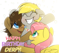 Size: 2200x2000 | Tagged: safe, artist:fluffyxai, derpy hooves, fluttershy, oc, oc:spirit wind, pony, g4, bubble, flower, group hug, happy, high res, hug, smiling, text