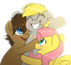 Size: 2200x2000 | Tagged: safe, artist:fluffyxai, derpy hooves, fluttershy, oc, oc:spirit wind, pony, g4, group hug, happy, high res, hug, simple background, smiling, white background