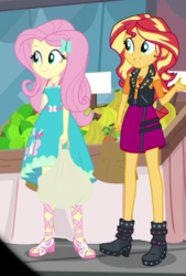 Size: 440x650 | Tagged: safe, screencap, fluttershy, sunset shimmer, equestria girls, equestria girls series, fomo, g4, spoiler:eqg series (season 2), boots, cropped, feet, female, geode of empathy, geode of fauna, magical geodes, sandals, shoes