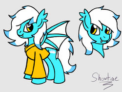 Size: 1280x960 | Tagged: safe, artist:showtimeandcoal, oc, oc only, oc:winter frost, bat pony, pony, clothes, commission, digital art, fangs, female, filly, hoodie, mare, ponysona, reference sheet, simple background, sketch, solo