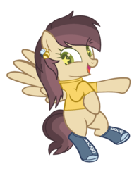 Size: 1097x1389 | Tagged: safe, artist:pegasski, artist:space--paws0w0, oc, oc only, oc:marigold bloom, bee, pegasus, pony, g4, base used, blank flank, boots, clothes, converse, female, flying, hairpin, mare, raised hoof, shirt, shoes, simple background, solo, starry eyes, t-shirt, transparent background, wingding eyes