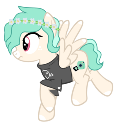 Size: 1141x1221 | Tagged: safe, artist:pegasski, artist:space--paws0w0, oc, oc only, oc:snap happy, pegasus, pony, g4, base used, blaze (coat marking), clothes, coat markings, facial markings, female, floral head wreath, flower, flying, freckles, mare, raised hoof, shirt, simple background, solo, t-shirt, transparent background