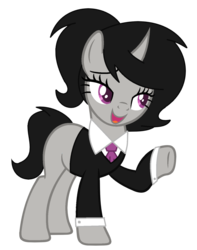 Size: 1221x1549 | Tagged: safe, artist:pegasski, artist:space--paws0w0, oc, oc only, oc:ensemble melody, pony, unicorn, g4, base used, bedroom eyes, blank flank, clothes, curved horn, female, horn, mare, necktie, open mouth, raised hoof, simple background, solo, suit, transparent background