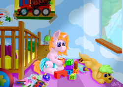 Size: 1280x905 | Tagged: safe, artist:wittleskaj, oc, oc:darcy, oc:starry drop, dog, pony, unicorn, age regression, baby, baby bottle, baby pony, blocks, crayon drawing, crib, crib mobile, diaper, diaper fetish, female, fetish, filly, foal, foal bottle, nursery, pacifier, playing, plushie, poofy diaper, window