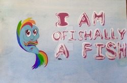 Size: 2117x1392 | Tagged: safe, artist:berkthefirst, rainbow dash, fish, rainbow trout, g4, ashleigh ball, female, fishified, hey ocean, hey ocean!, maybe salmon, pun, puns in the comments, solo, species swap, traditional art