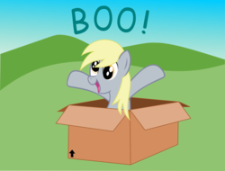 Size: 1400x1062 | Tagged: safe, artist:crimsonlynx97, derpy hooves, pegasus, pony, g4, boo, box, cute, derp, derpabetes, exclamation point, female, happy, hooves in air, mare, open mouth, pony in a box, smiling, solo
