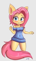 Size: 4548x7524 | Tagged: safe, artist:hthfp-da, fluttershy, anthro, g4, alternate hairstyle, bare shoulders, blushing, clothes, cute, ear fluff, female, gray background, shoulderless, shyabetes, simple background, skintight clothes, solo, sweater, sweatershy