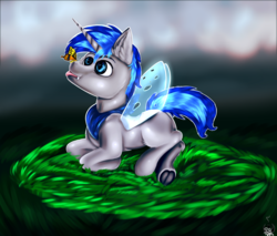 Size: 4704x4000 | Tagged: safe, artist:astarlitstudios, oc, oc only, oc:nightfall, butterfly, changeling, pony, :p, bandana, changeling oc, commission, fangs, frog (hoof), grass, happy, painting, prone, silly, solo, tongue out, underhoof