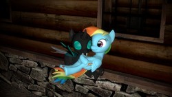 Size: 1366x768 | Tagged: safe, rainbow dash, thorax, changeling, pony, g4, 3d, cabin, carrying, gmod, holding, holding a pony, i've got you, smiling