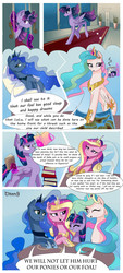 Size: 1352x3000 | Tagged: safe, artist:xjenn9fusion, oc, oc:queen galaxia (bigonionbean), alicorn, pony, comic:fusing the fusions, comic:time of the fusions, alicorn oc, alicorn tetrarchy, book, bookstack, canterlot, canterlot castle, carpet, chair, coffee, coffee mug, comic, commissioner:bigonionbean, concerned, confused, crown, curls, determination, dialogue, discussion, doors, flowing hair, flowing mane, flowing tail, fusion, fusion:princess cadance, fusion:princess celestia, fusion:princess luna, fusion:twilight sparkle, group hug, hallway, hospital, hug, internal conflict, jewelry, magic, map, mug, night, pile of books, red carpet, regalia, royal family, royalty, steam, table, talking to herself, thinking, thought bubble, trotting, writer:bigonionbean