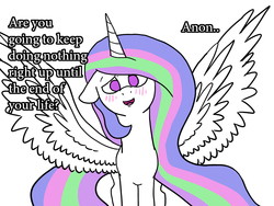 Size: 900x675 | Tagged: safe, artist:slamjam, princess celestia, alicorn, pony, g4, blushing, cute, cutelestia, demotivational, dialogue, female, floppy ears, implied anon, no pupils, solo, spread wings, talking to viewer, text, wings