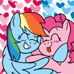 Size: 2250x2250 | Tagged: safe, artist:melodytheunicorn, pinkie pie, rainbow dash, earth pony, pegasus, pony, g4, eyes closed, female, heart, heart background, high res, hug, lesbian, mare, ship:pinkiedash, shipping, smiling, tongue out, wings