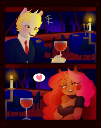 Size: 643x811 | Tagged: safe, artist:ruhianna, oc, oc only, oc:celestial stream, oc:romancedy, anthro, alcohol, blushing, breasts, candle, city, cityscape, cleavage, commission, date, duo, fancy, female, glass, heart, heart eyes, lidded eyes, male, night, night sky, restaurant, sky, straight, wine, wine glass, wingding eyes