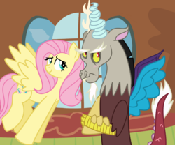 Size: 1800x1500 | Tagged: safe, artist:melodytheunicorn, discord, fluttershy, draconequus, pegasus, pony, g4, crossed arms, discord is not amused, female, fluttershy's cottage, flying, male, mare, ship:discoshy, shipping, smiling, straight, unamused, window, wings