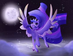 Size: 2048x1583 | Tagged: safe, artist:neko-luvz, twilight sparkle, alicorn, pony, g4, cloud, colored hooves, cute, ethereal mane, female, impossibly long mane, impossibly long tail, long mane, mare, moon, night, sky, solo, sparkles, spread wings, starry mane, stars, twiabetes, twilight sparkle (alicorn), two toned wings, unshorn fetlocks, wings